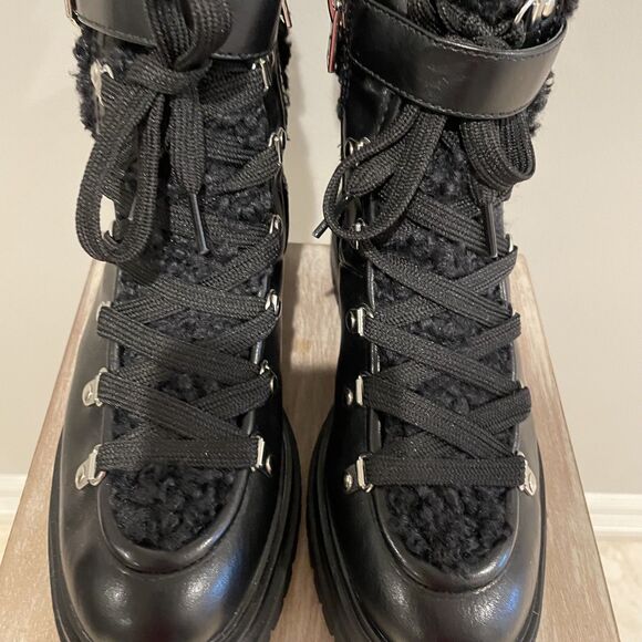 Black Combat Boots Women’s Size 7 Faux Leather Shearling NWOT Biker Moto Goth - Picture 11 of 13